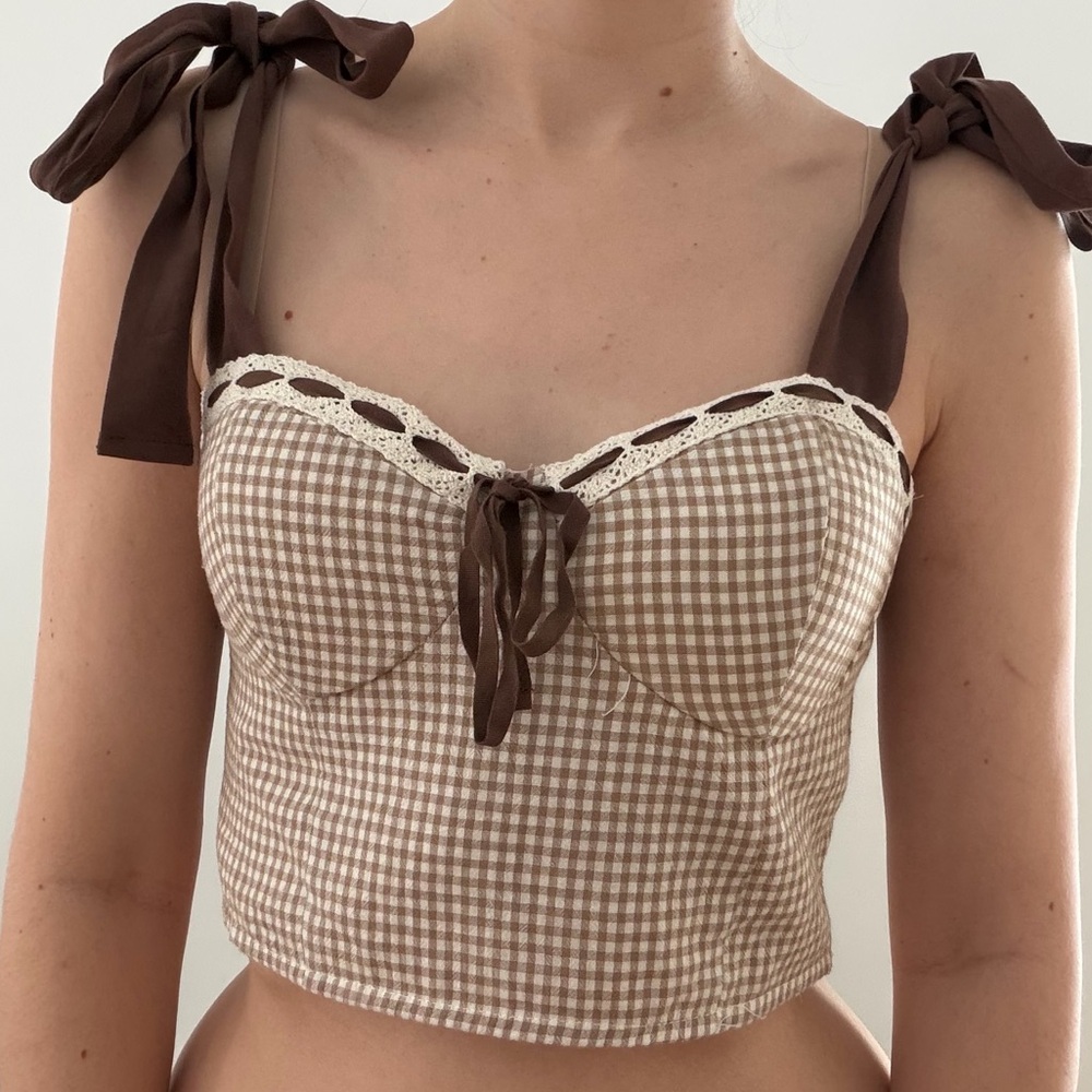 Moon River Gingham Bustier Top with Tie Straps - M
